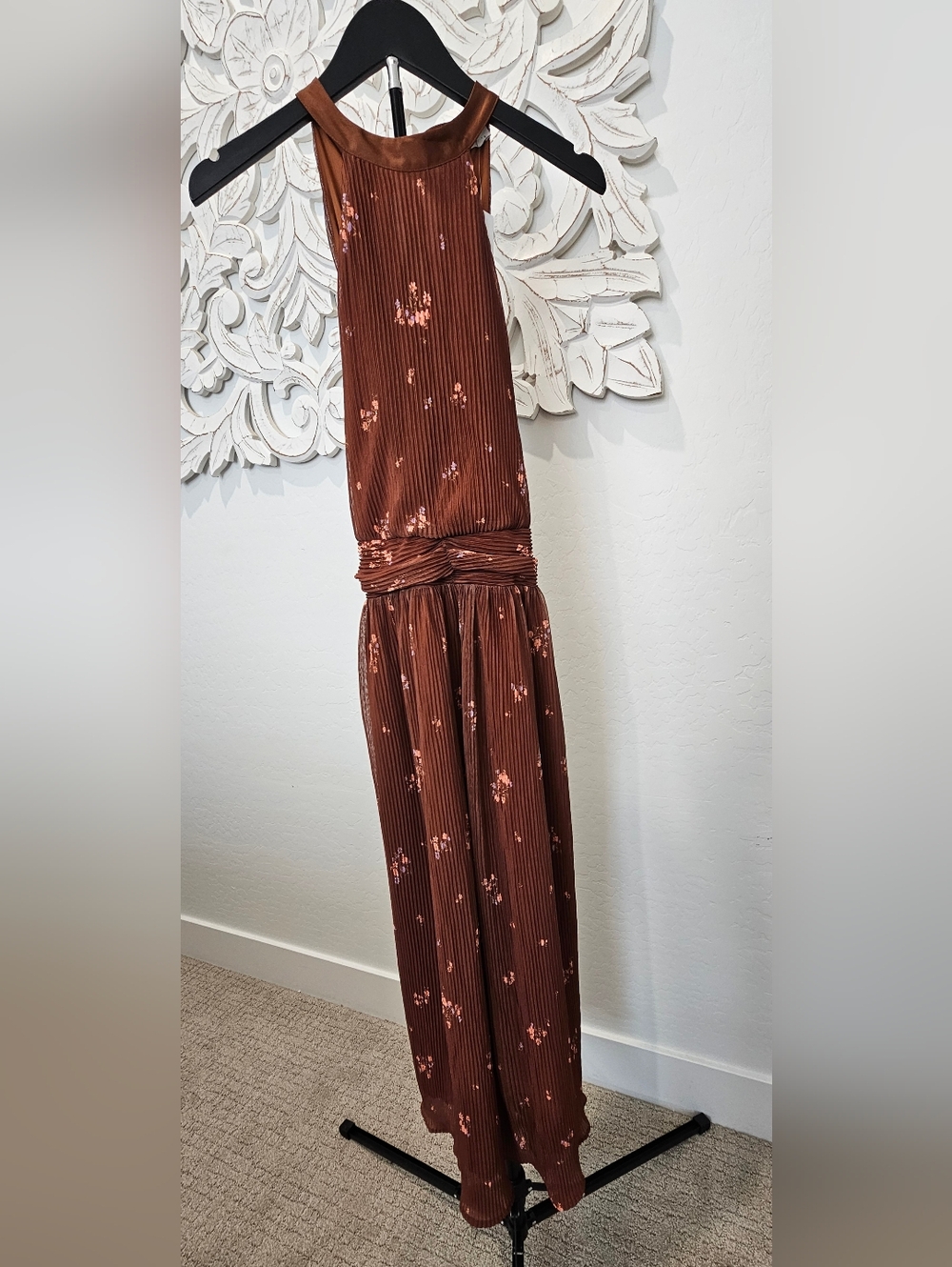 Sadie & Sage Rust Brown Floral Halter Lined Feminin Maxi Dress Junior Sz S & Med - Picture 2 of 8